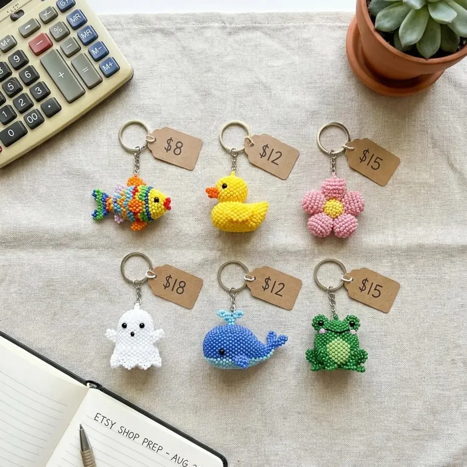 Beaded keychains laid out with price tags